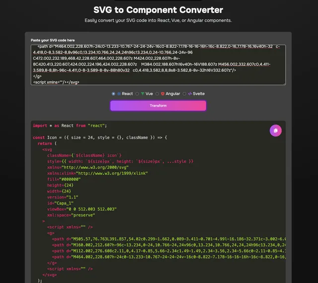 SVG to Component with markup input and generated component code
